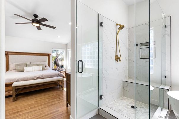 Bathroom, Bedroom, Glass Shower, Interior, Marble Walls, Recessed Lighting, Wood Texture Flooring