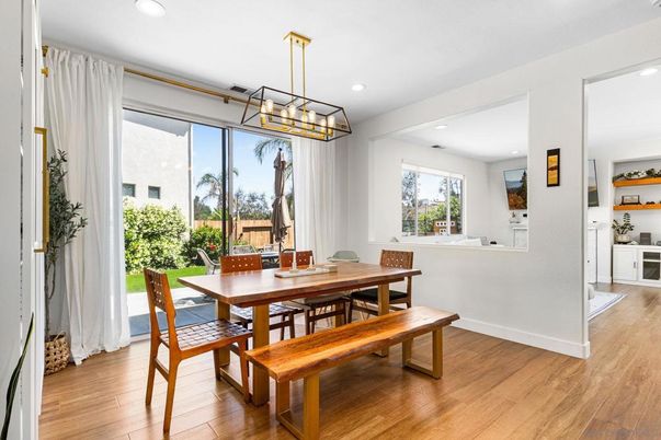 Dining room, Interior, Pendant Lights, Recessed Lighting, Wood Texture Flooring