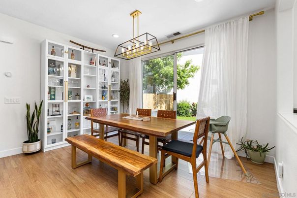 Dining room, Interior, Pendant Lights, Recessed Lighting, Wood Texture Flooring