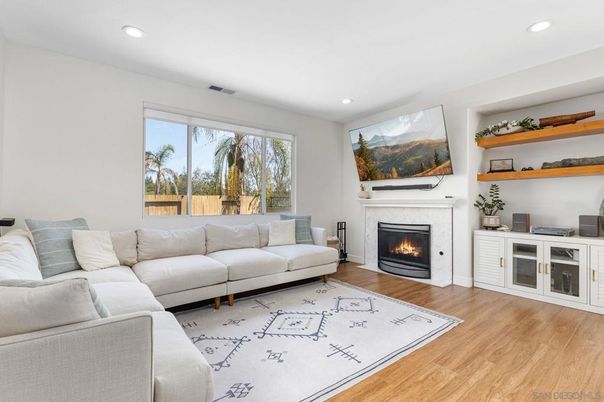 Fireplace, Interior, Living room, Recessed Lighting, Wood Texture Flooring