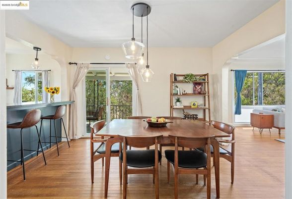 Dining room, Interior, Pendant Lights, Wood Texture Flooring