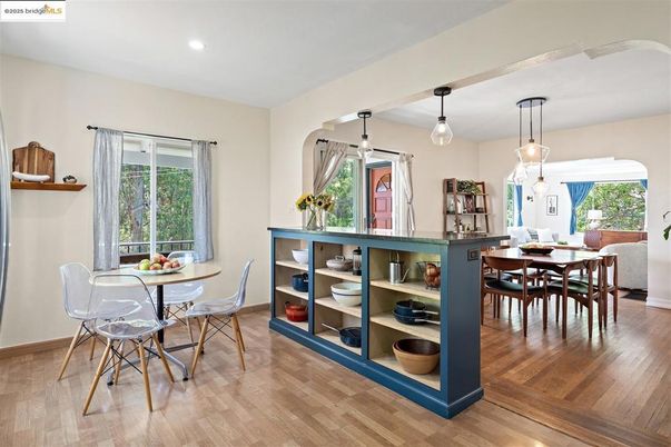 Dining room, Interior, Pendant Lights, Recessed Lighting, Wood Texture Flooring