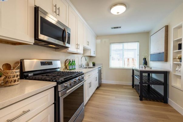 Interior, Kitchen, Stainless Steel Appliances, Wood Texture Flooring
