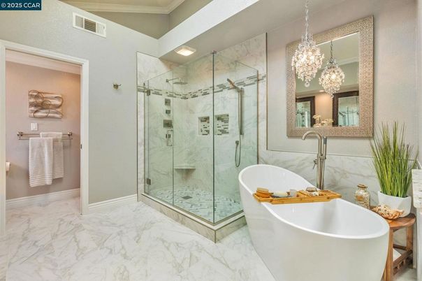Bathroom, Chandelier, Free Standing Baths, Glass Shower, Interior, Marble, Marble Walls, Recessed Lighting