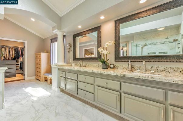 Bathroom, Dual Sink Vanities, Interior, Marble, Marble Walls, Recessed Lighting