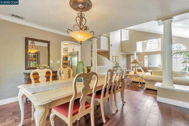 Dining room, Interior, Living room, Pendant Lights, Wood Texture Flooring