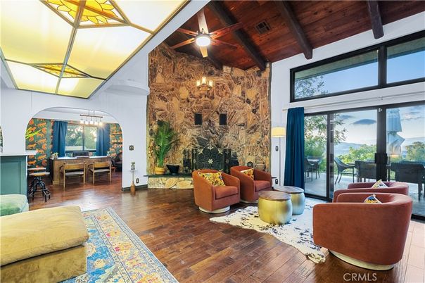 Dining room, Fireplace, Interior, Living room, Pendant Lights, Piano, Stone Walls, Wooden Beams, Wooden Ceilings, Wood Texture Flooring