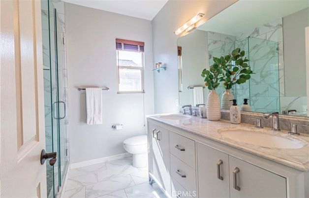 Bathroom, Dual Sink Vanities, Glass Shower, Interior, Marble, Marble Walls