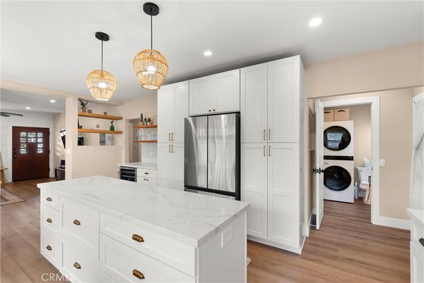 Interior, Kitchen, Pendant Lights, Recessed Lighting, Stainless Steel Appliances, Washer, Wood Texture Flooring