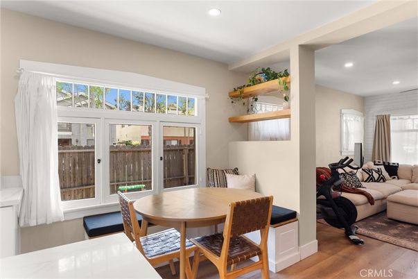 Dining room, Interior, Living room, Recessed Lighting, Wood Texture Flooring