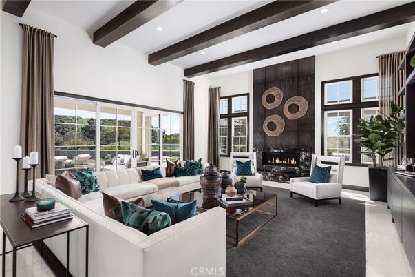 Fireplace, Interior, Living room, Recessed Lighting, Wooden Beams