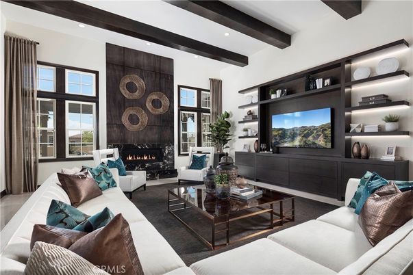Fireplace, Interior, Living room, Recessed Lighting, Wooden Beams