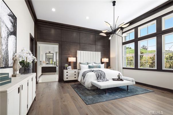 Bedroom, Interior, Pendant Lights, Recessed Lighting, Wood Texture Flooring