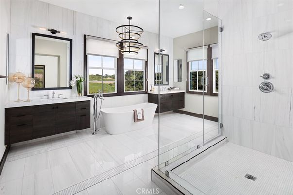 Bathroom, Dual Sink Vanities, Free Standing Baths, Glass Shower, Interior, Pendant Lights, Recessed Lighting