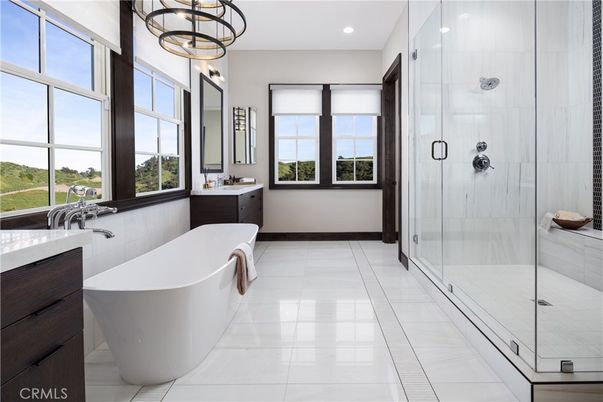 Bathroom, Free Standing Baths, Glass Shower, Interior, Pendant Lights, Recessed Lighting