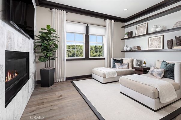 Bedroom, Fireplace, Interior, Recessed Lighting, Wood Texture Flooring
