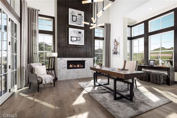 Fireplace, Home Office, Interior, Pendant Lights, Recessed Lighting, Wood Texture Flooring