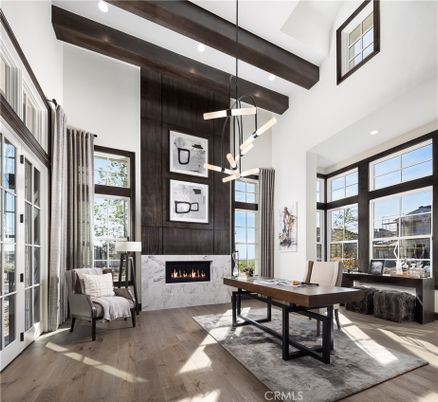 Fireplace, Home Office, Interior, Pendant Lights, Recessed Lighting, Wooden Beams, Wood Texture Flooring