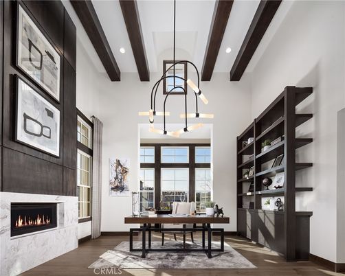 Chandelier, Fireplace, Home Office, Interior, Pendant Lights, Recessed Lighting, Wooden Beams, Wood Texture Flooring
