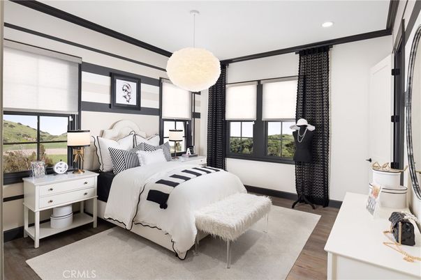 Bedroom, Interior, Pendant Lights, Recessed Lighting, Wood Texture Flooring