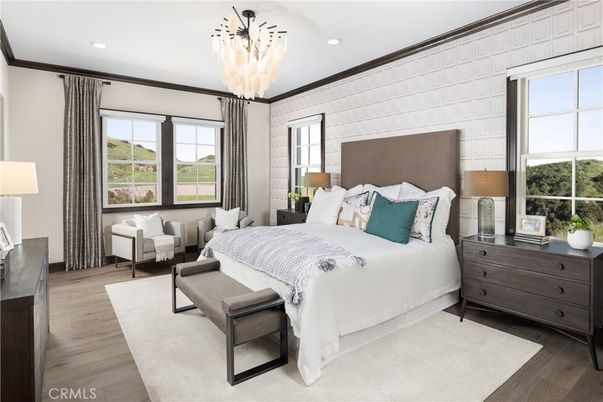 Bedroom, Chandelier, Interior, Recessed Lighting, Wood Texture Flooring