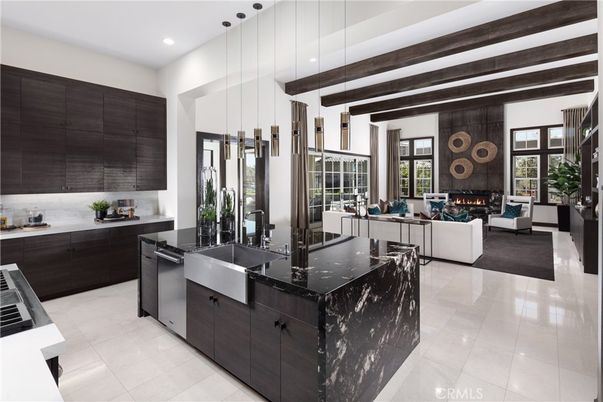 Fireplace, Interior, Kitchen, Living room, Pendant Lights, Recessed Lighting, Wooden Beams