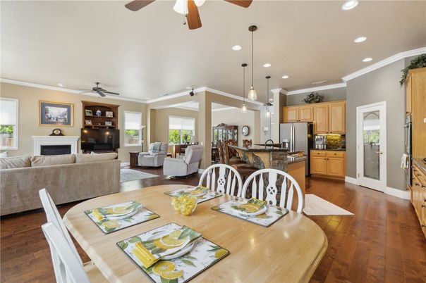 Dining room, Fireplace, Interior, Kitchen, Living room, Pendant Lights, Recessed Lighting, Wood Texture Flooring