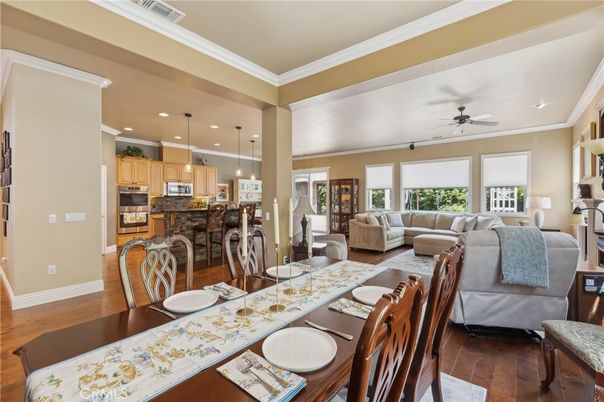 Dining room, Interior, Kitchen, Living room, Pendant Lights, Recessed Lighting, Wood Texture Flooring