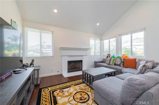 Fireplace, Interior, Living room, Recessed Lighting, Wood Texture Flooring