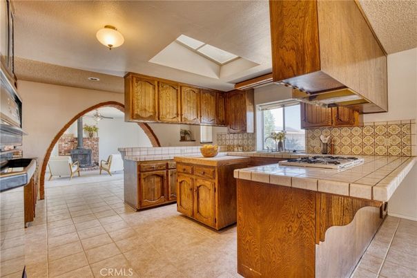 Fireplace, Interior, Kitchen, Tile Countertops