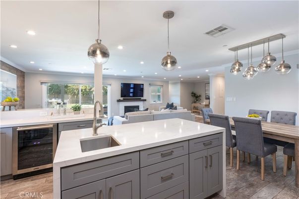 Dining room, Fireplace, Interior, Kitchen, Living room, Pendant Lights, Recessed Lighting