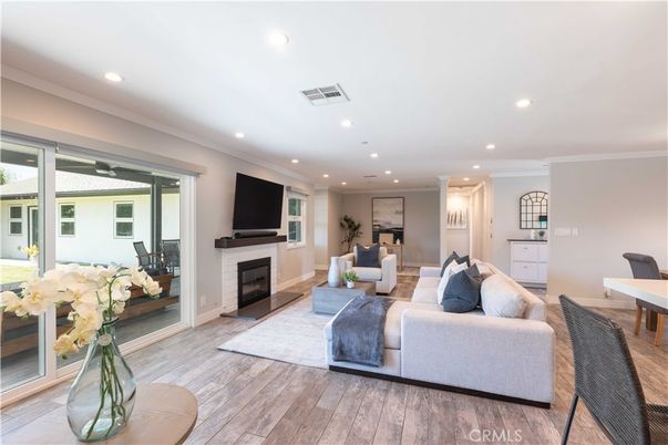 Fireplace, Interior, Living room, Recessed Lighting, Wood Texture Flooring