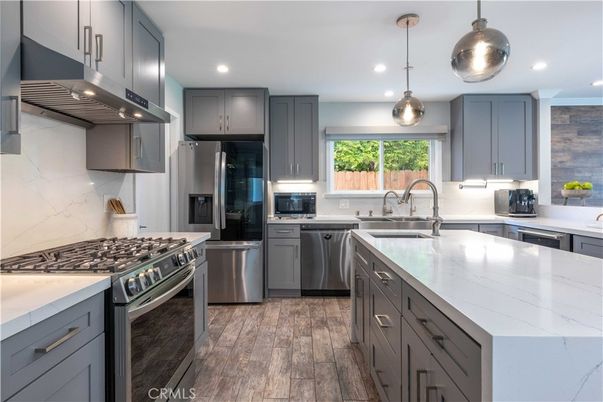 Interior, Kitchen, Pendant Lights, Recessed Lighting, Stainless Steel Appliances, Wood Texture Flooring