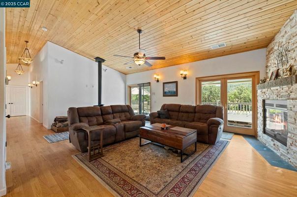 Fireplace, Interior, Living room, Pendant Lights, Wooden Ceilings, Wood Texture Flooring