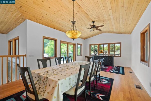 Dining room, Interior, Pendant Lights, Wooden Ceilings, Wood Texture Flooring