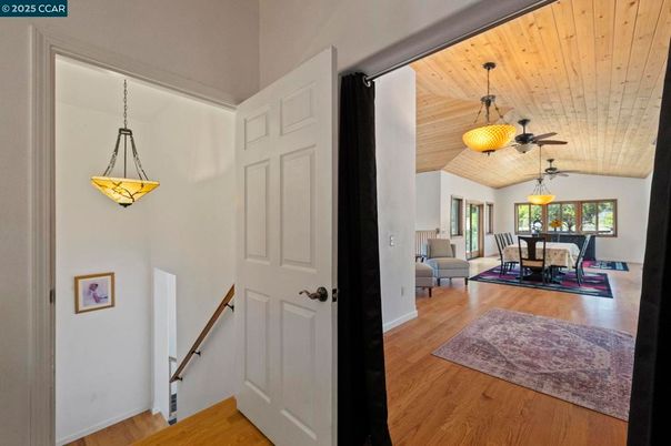 Dining room, Interior, Pendant Lights, Wooden Ceilings, Wood Texture Flooring