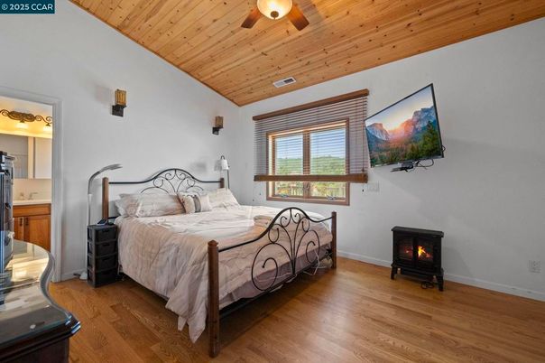 Bedroom, Fireplace, Interior, Wooden Ceilings, Wood Texture Flooring