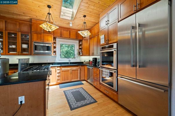 Interior, Kitchen, Pendant Lights, Stainless Steel Appliances, Wooden Ceilings, Wood Texture Flooring