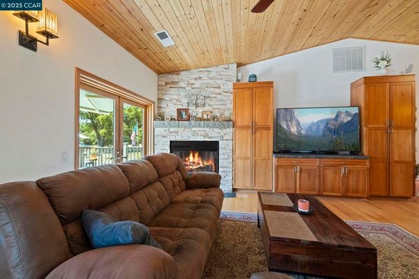 Fireplace, Interior, Living room, Stone Walls, Wooden Ceilings, Wood Texture Flooring