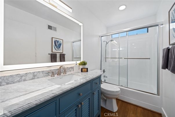 Bathroom, Glass Shower, Interior, Recessed Lighting, Wood Texture Flooring