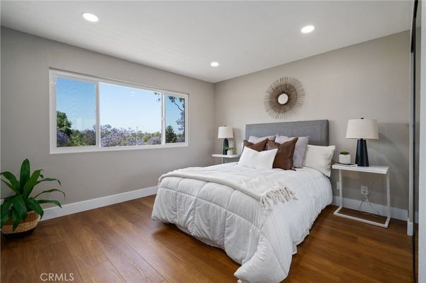 Bedroom, Interior, Recessed Lighting, Wood Texture Flooring