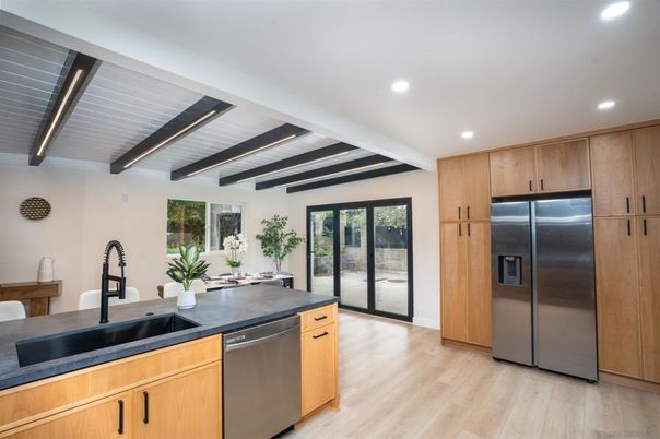 Dining room, Interior, Kitchen, Recessed Lighting, Stainless Steel Appliances, Wood Texture Flooring