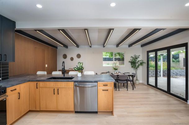 Dining room, Interior, Kitchen, Recessed Lighting, Stainless Steel Appliances, Wood Texture Flooring