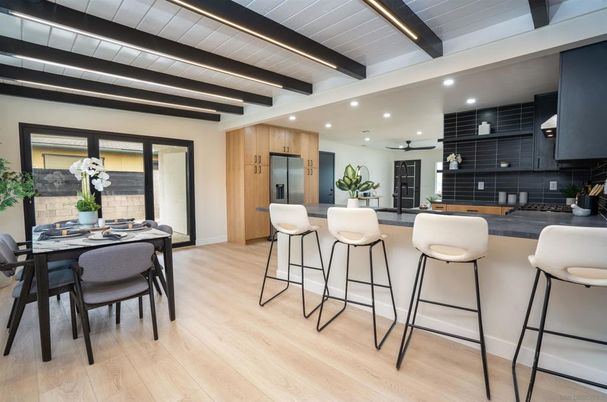 Dining room, Interior, Kitchen, Recessed Lighting, Wooden Beams, Wood Texture Flooring