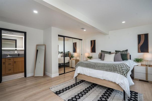 Bedroom, Interior, Recessed Lighting, Wood Texture Flooring