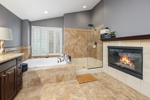 Bathroom, Fireplace, Glass Shower, Interior, Recessed Lighting