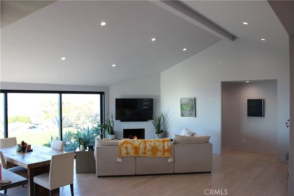 Dining room, Fireplace, Interior, Living room, Recessed Lighting, Wood Texture Flooring