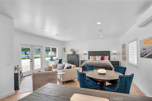 Bedroom, Dining room, Interior, Living room, Recessed Lighting, Wood Texture Flooring