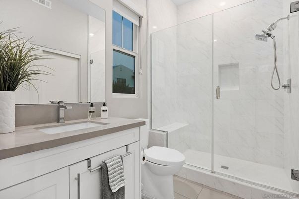 Bathroom, Glass Shower, Interior, Marble Walls, Recessed Lighting