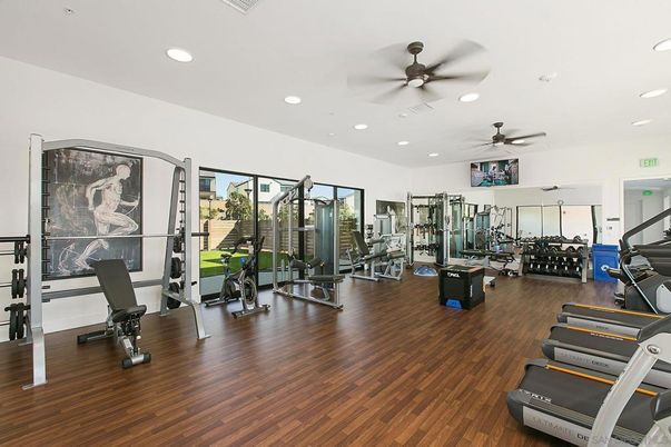 Fitness Equipment, Gym, Interior, Recessed Lighting, Wood Texture Flooring